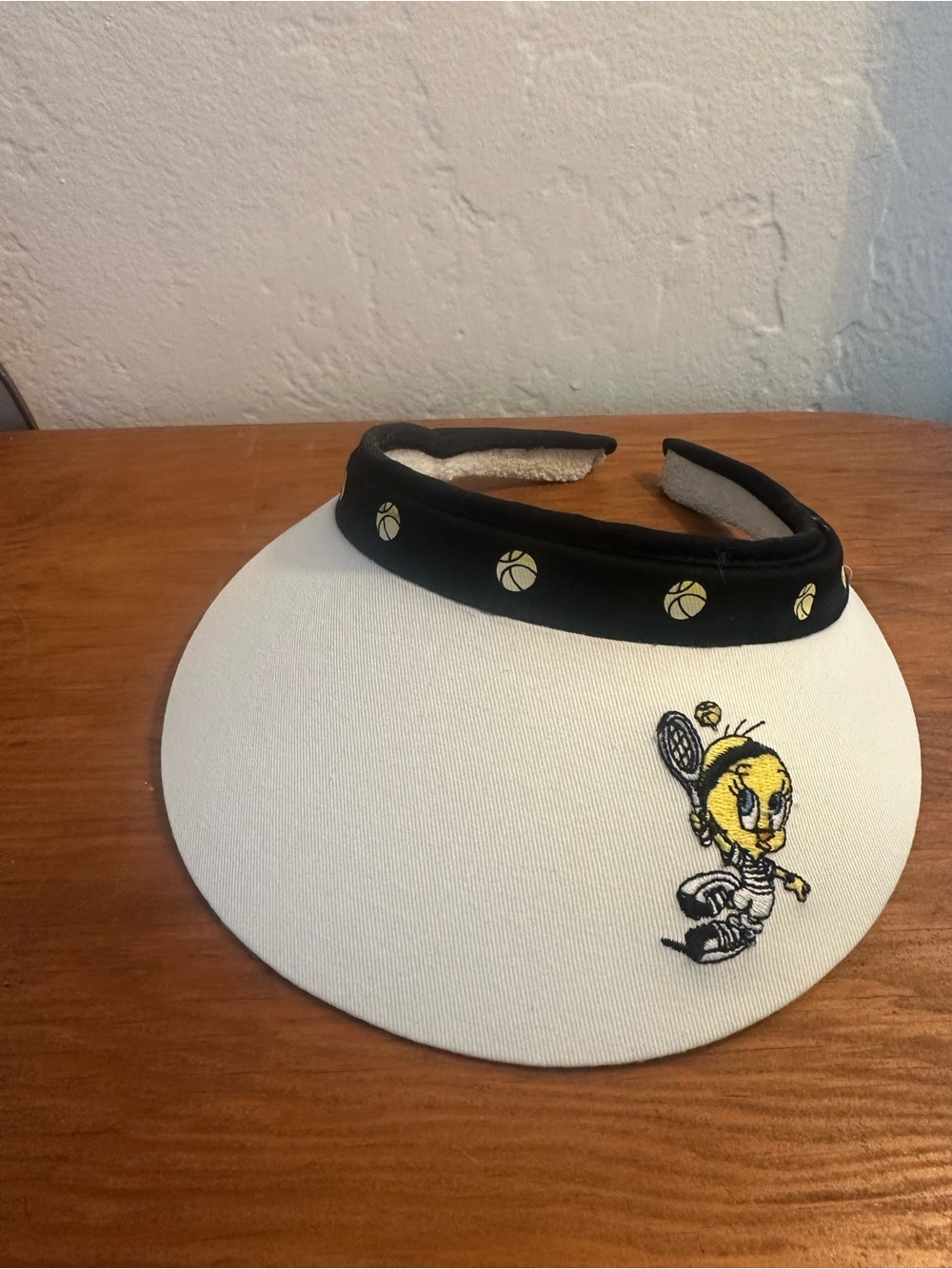 Women’s White Tweety Tennis Visor with Black Trim and Embroidery